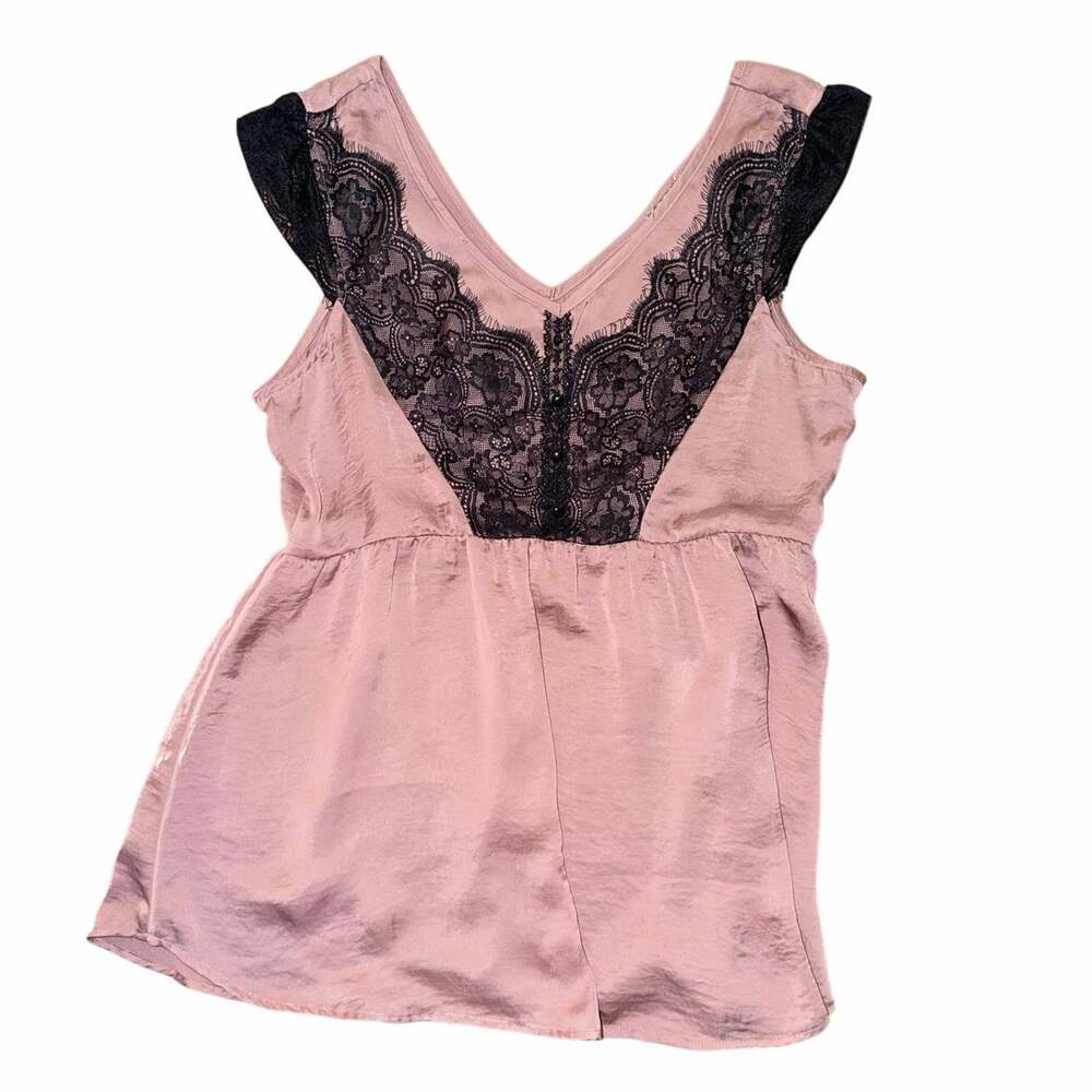 Eyeshadow pink satin black lace babydoll sleeveless top Y2K XL going out blouse